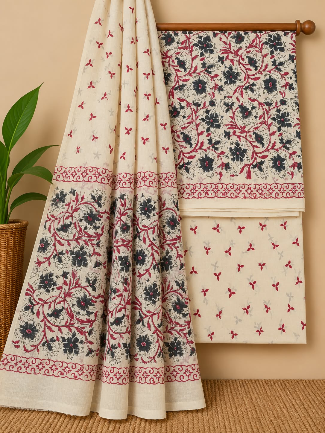 Off-White & Red Floral Jaal Hand Block Cotton Salwar Suit Set with Cotton Dupatta