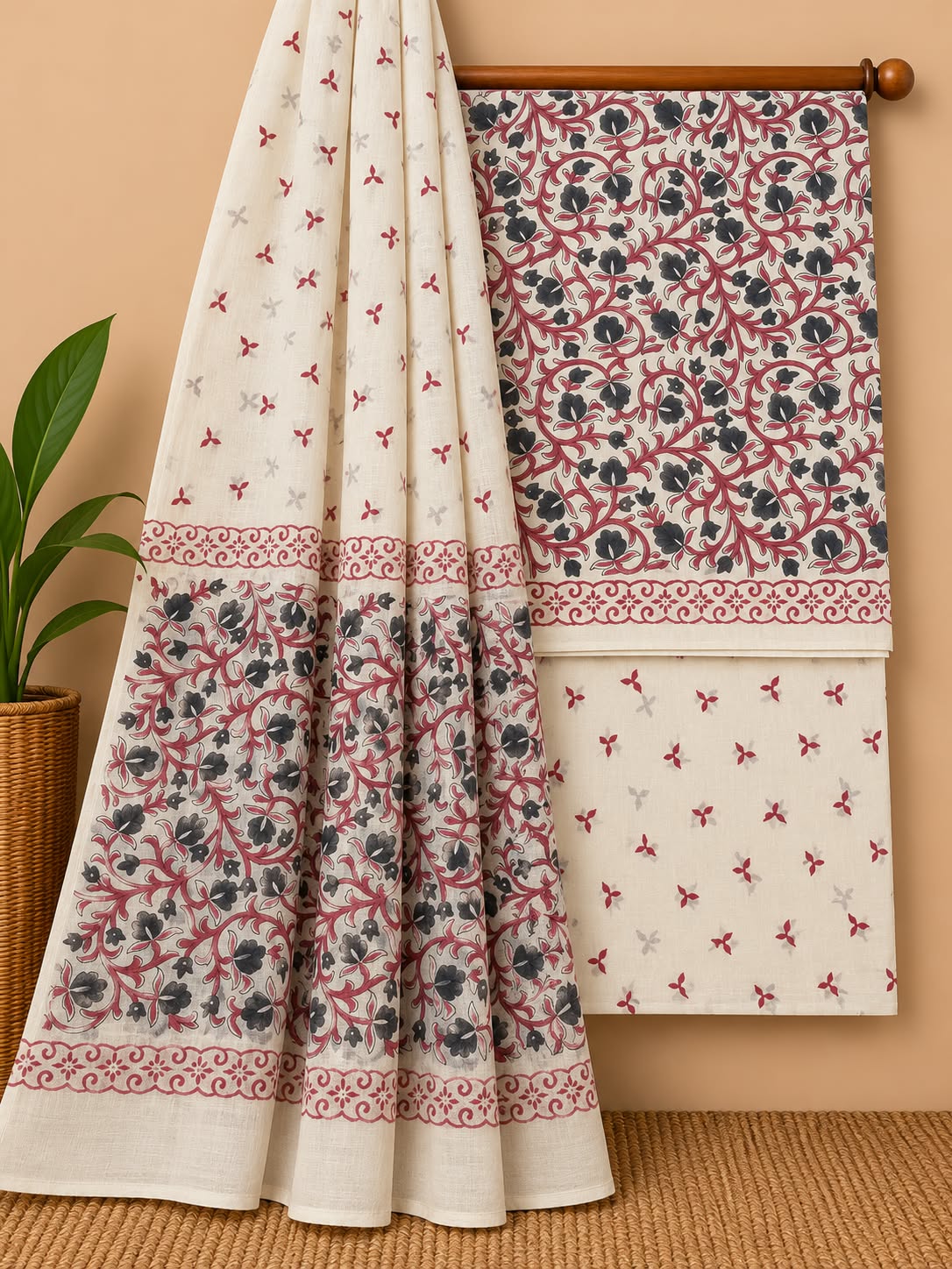 Off-White & Maroon Floral Jaal Hand Block Cotton Salwar Suit Set with Cotton Dupatta