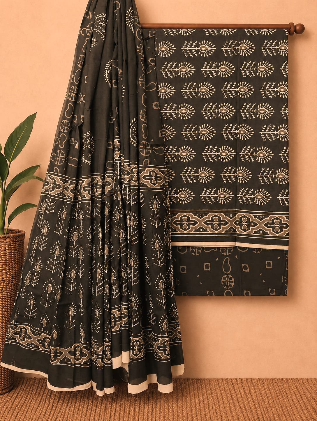 Black geometric screen print cotton salwar suit set