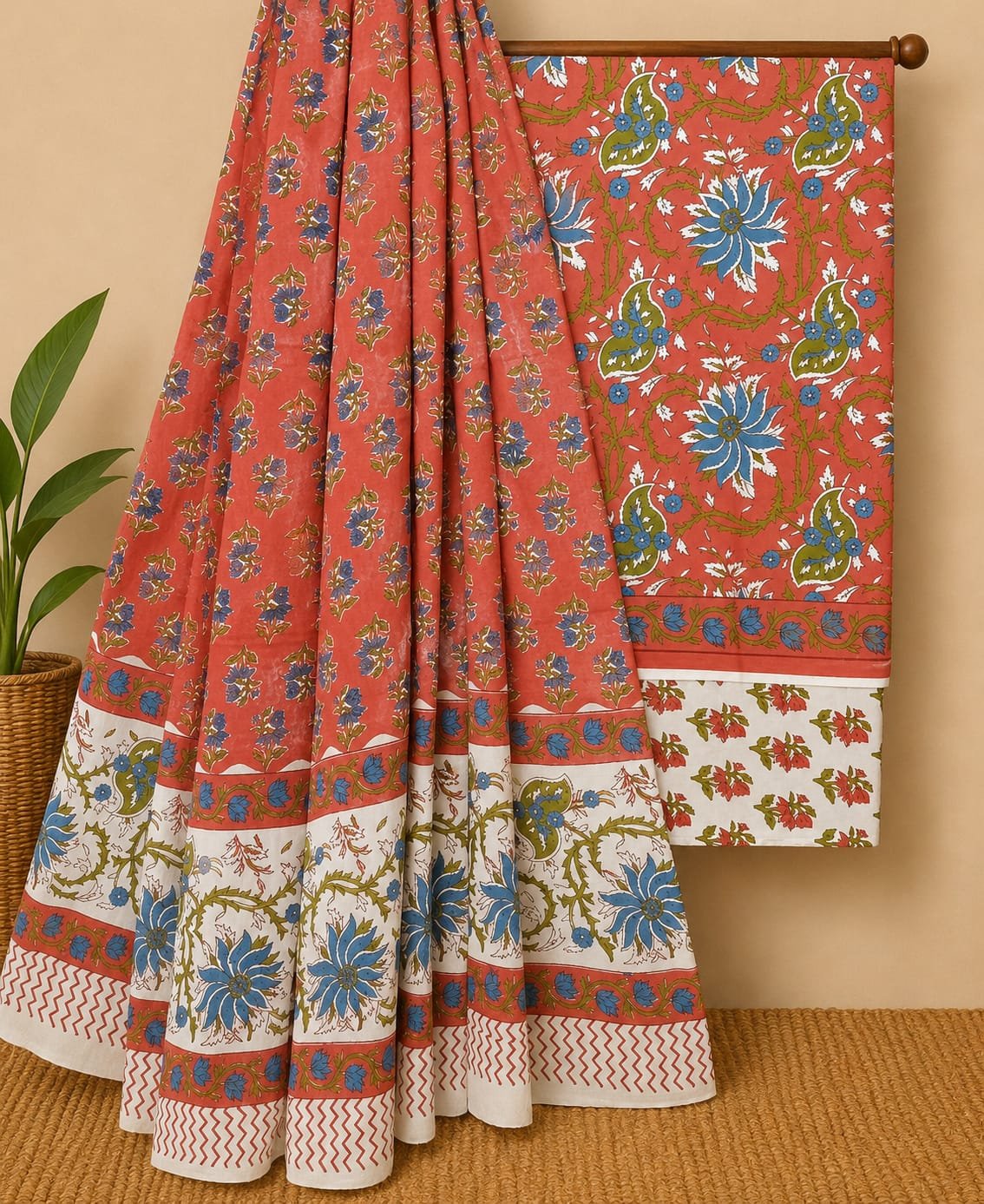 Red floral cotton screen print salwar suit set