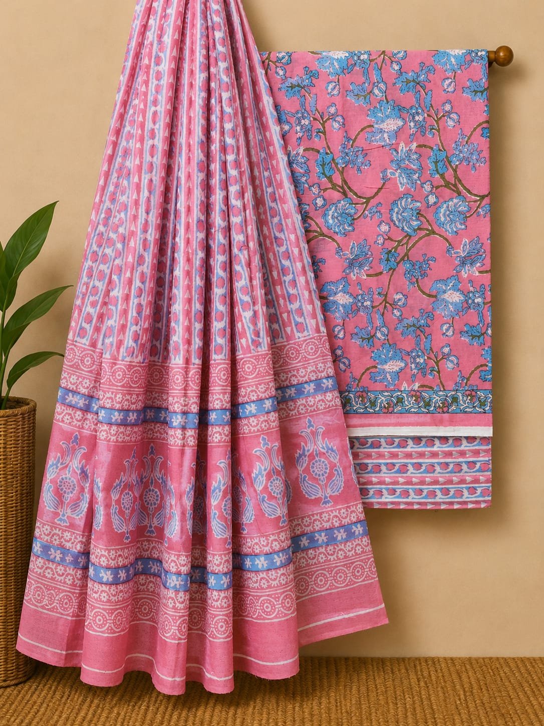 Pink floral cotton salwar suit set with dupatta