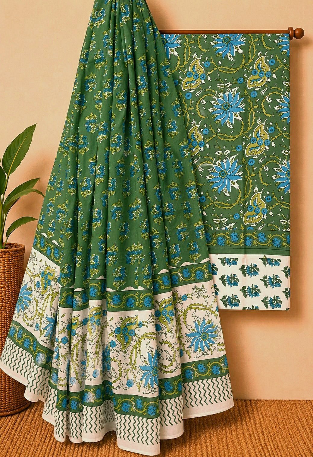 Green floral screen print cotton salwar suit set