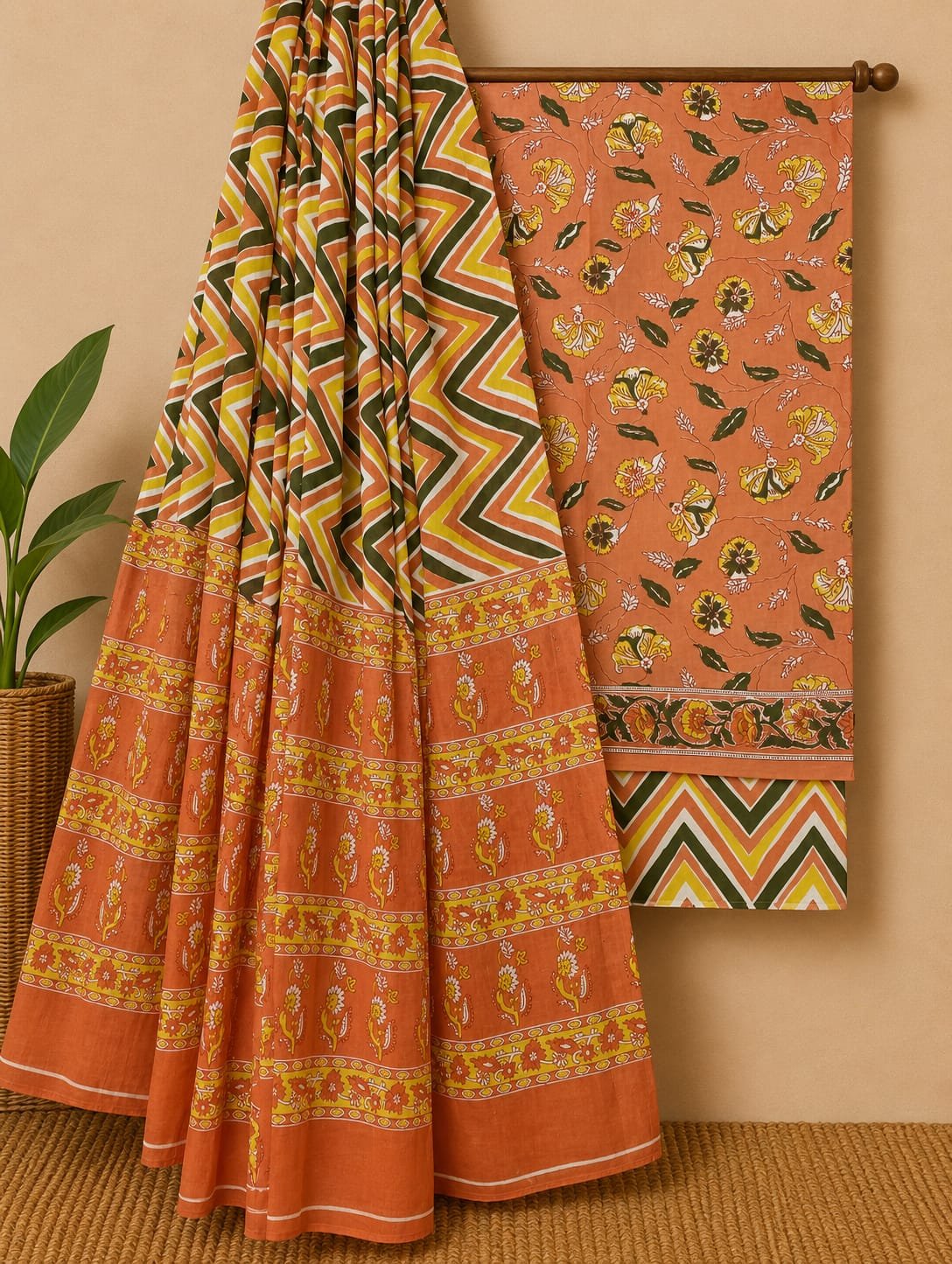 Orange geometric cotton salwar suit with dupatta