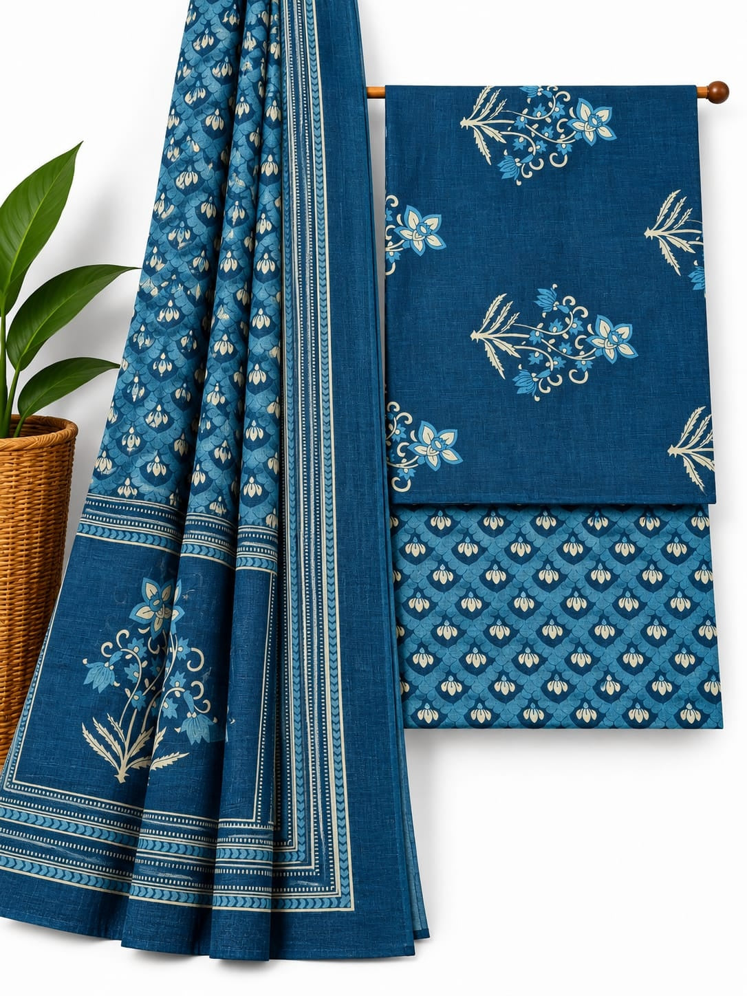 Indigo Blue Floral Booti cotton screen print salwar suit set with cotton dupatta