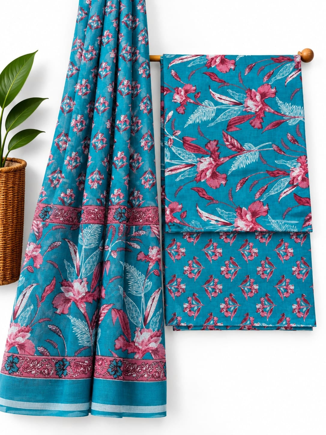 Teal Blue & Pink Floral Motif cotton screen print salwar suit set with cotton dupatta