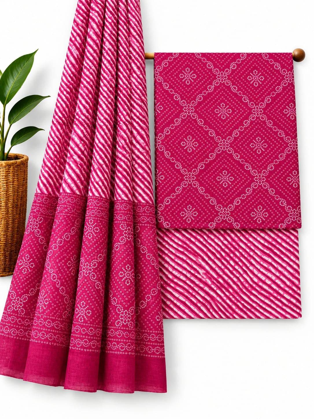 Pink & White Traditional Print cotton screen print salwar suit set with cotton dupatta