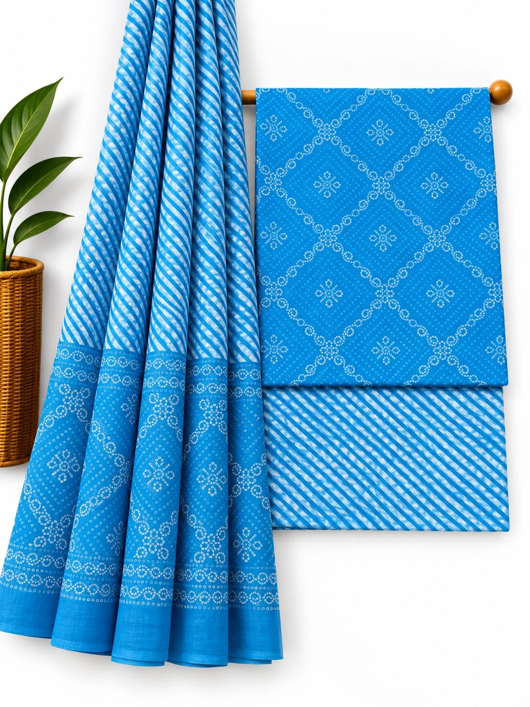 Blue & White Traditional Print cotton screen print salwar suit set with cotton dupatta