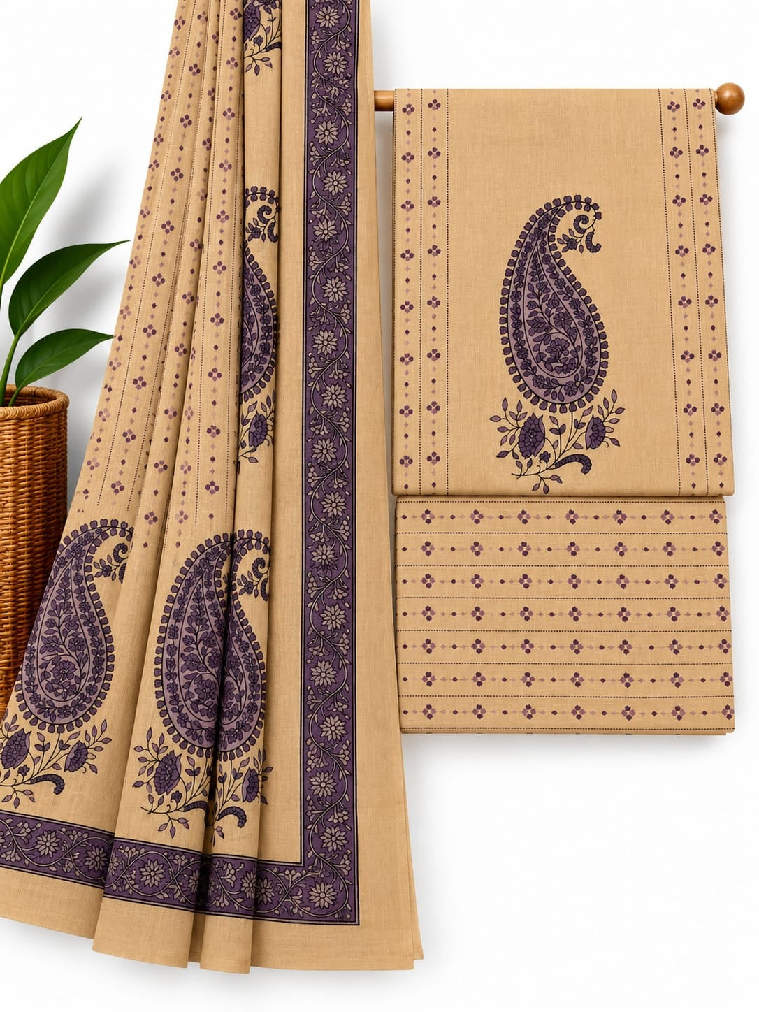 Beige & Purple Paisley cotton screen print salwar suit set with cotton dupatta