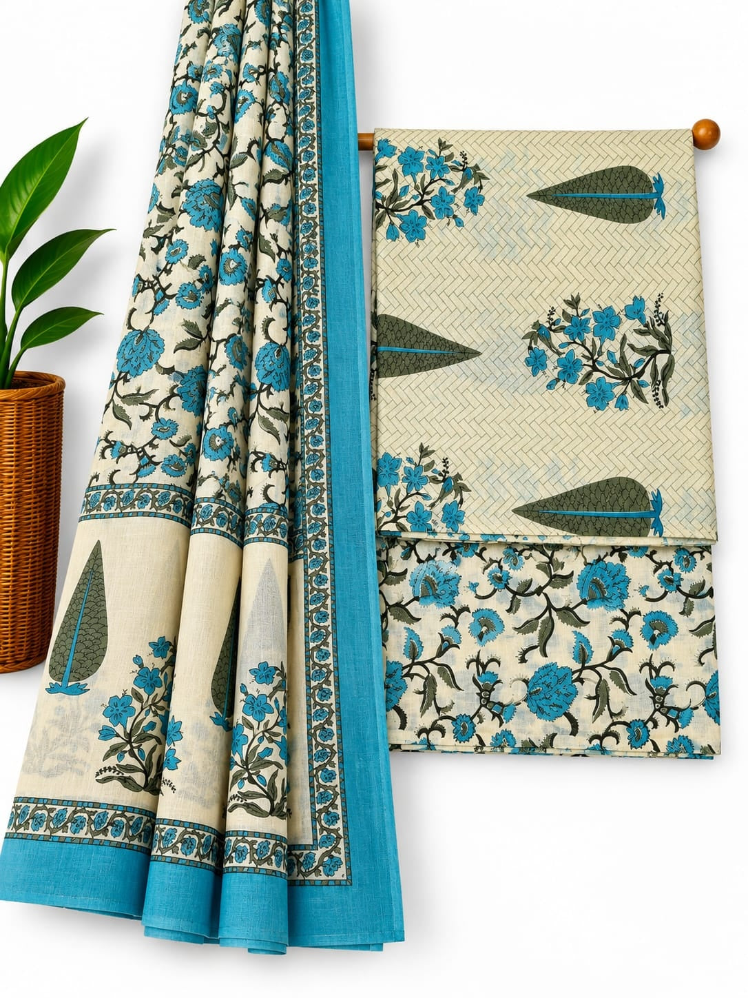 Blue & Off-White Floral Booti cotton screen print salwar suit set with cotton dupatta