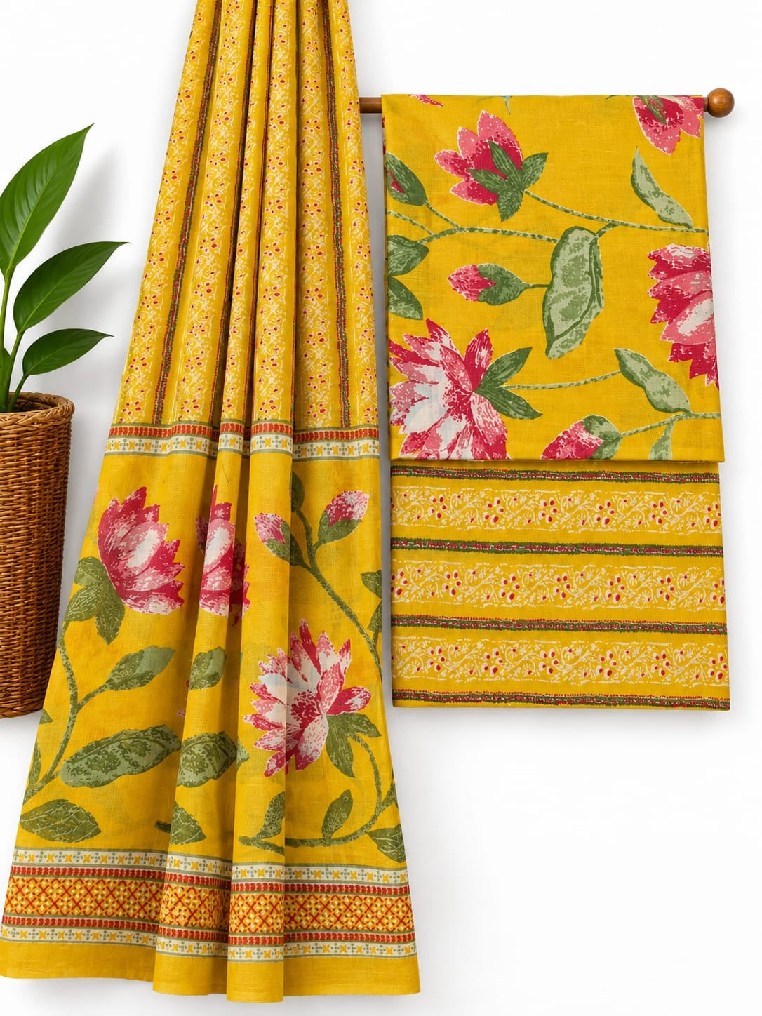 Mustard Yellow & Pink Floral Jaal cotton screen print salwar suit set with cotton dupatta