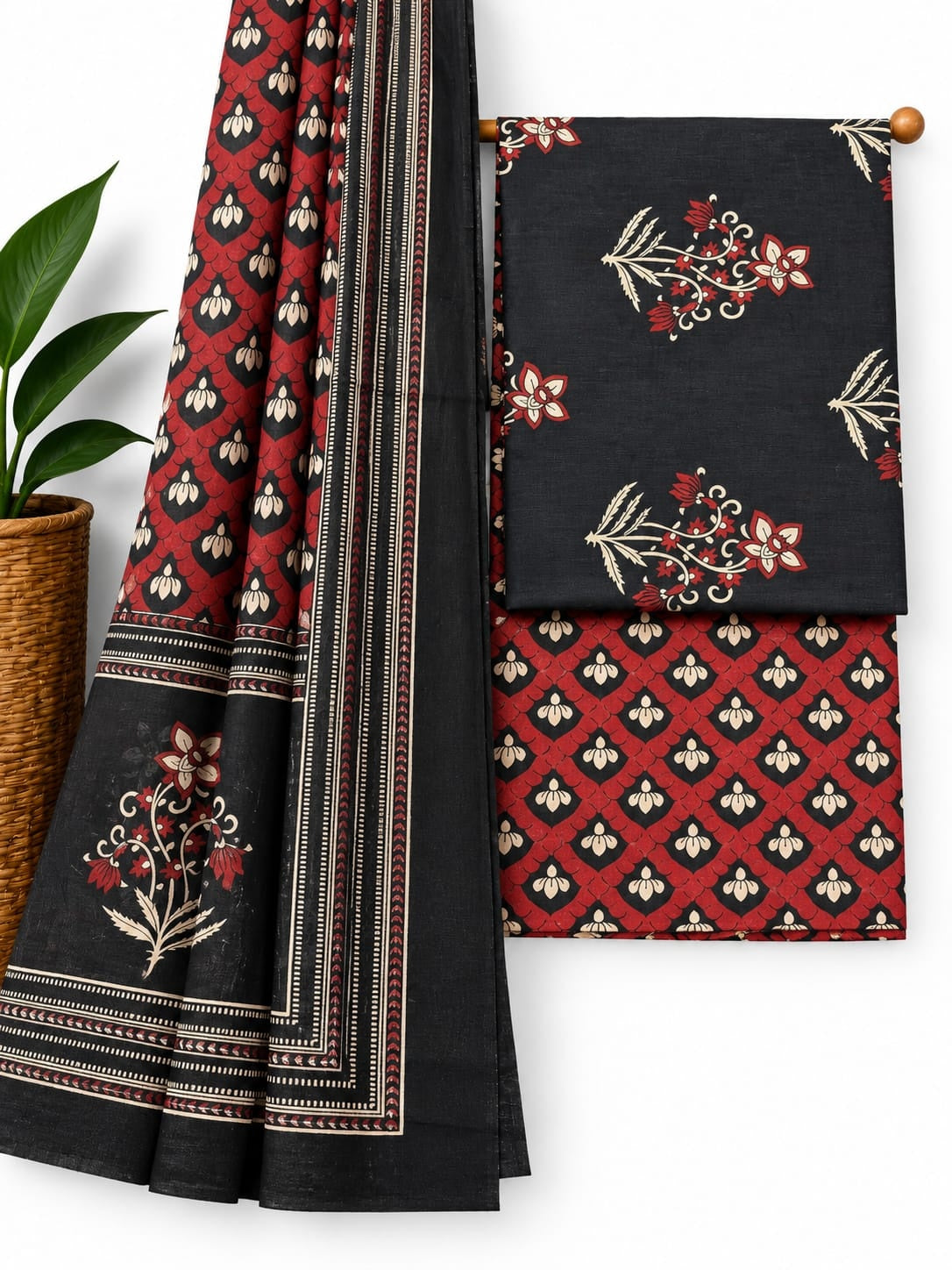 Black And Red Floral Booti cotton screen print salwar suit set with cotton dupatta