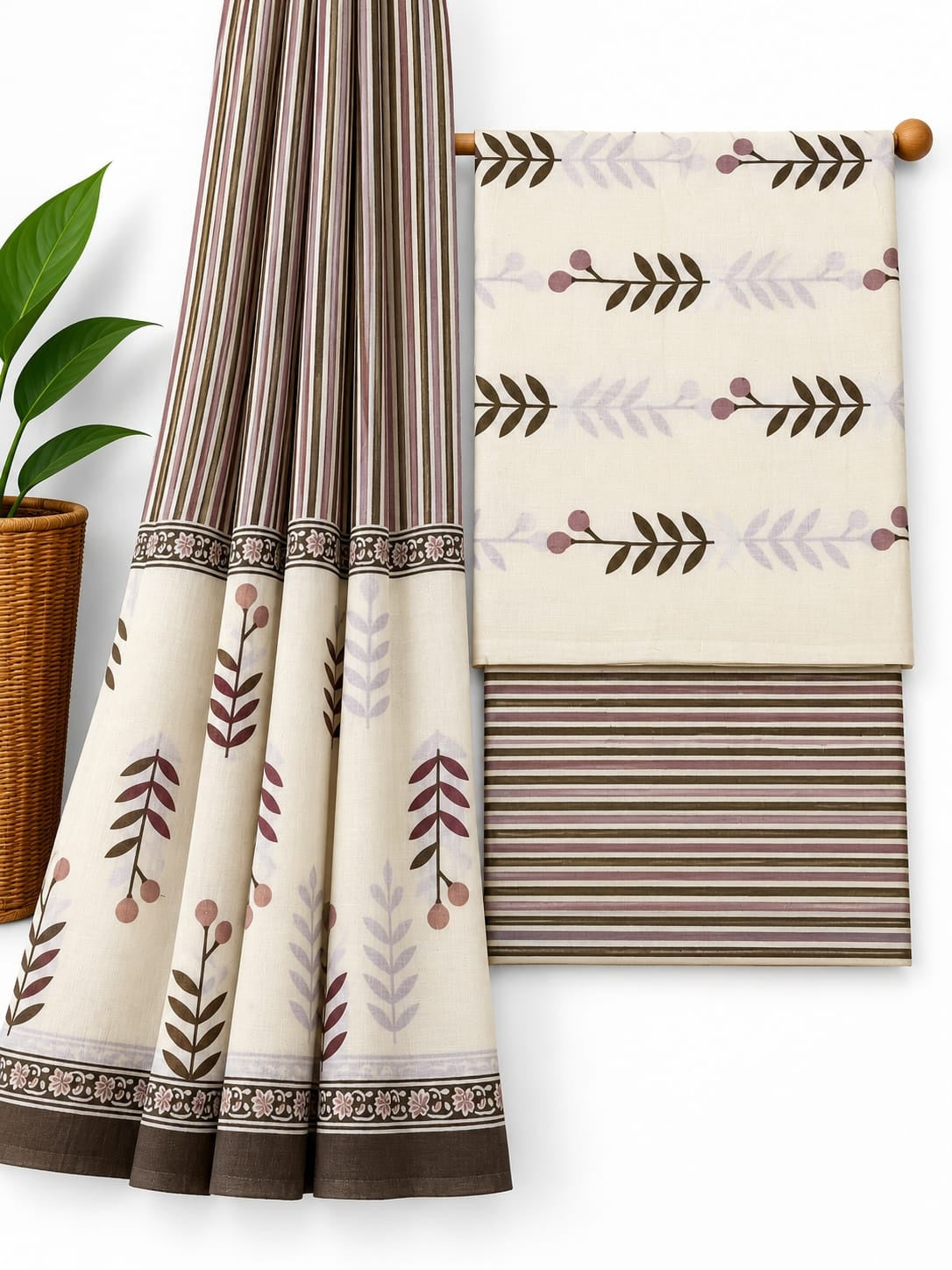 Off-White & Mauve Brown Leaf Print cotton screen print salwar suit set with cotton dupatta