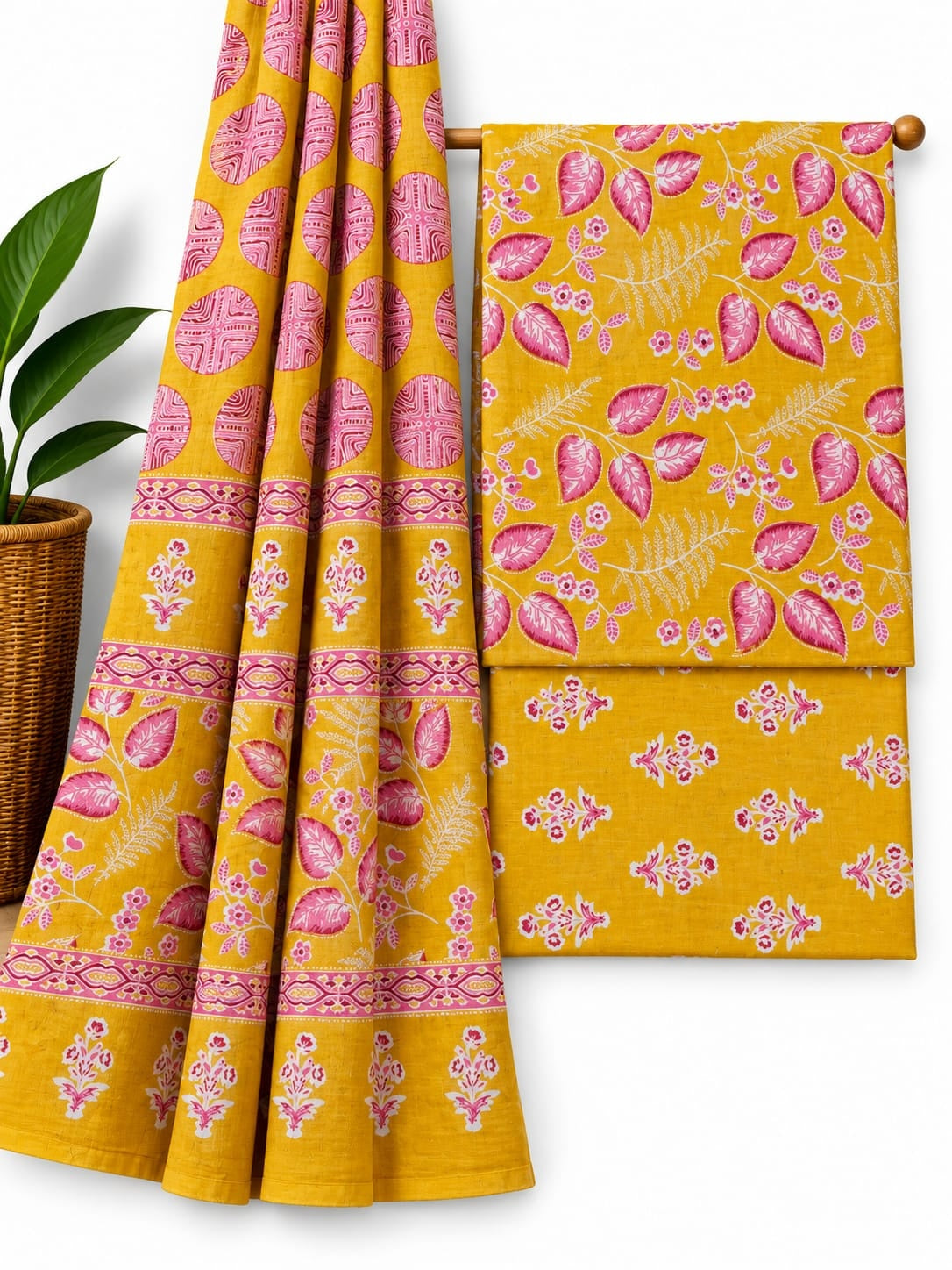 Mustard Yellow & Pink Leaf Print cotton screen print salwar suit set with cotton dupatta