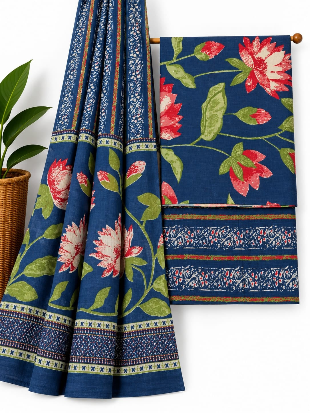Indigo Blue & Red Floral Jaal cotton screen print salwar suit set with cotton dupatta