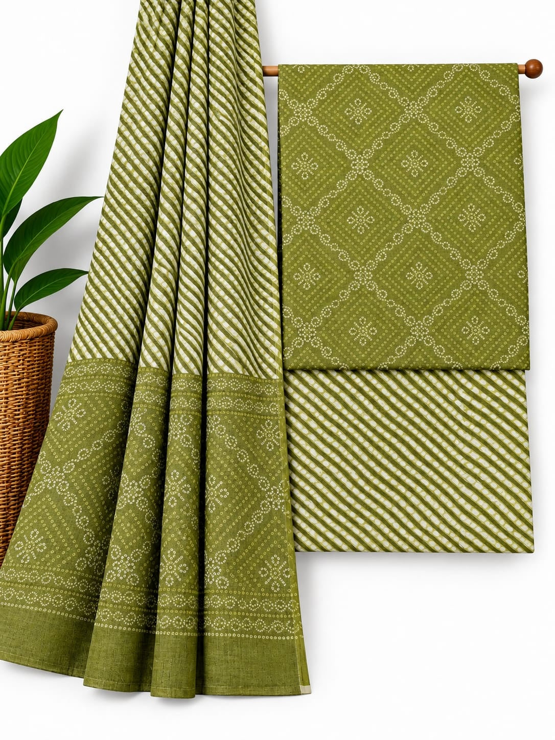 Olive Green & White Traditional Print cotton screen print salwar suit set with cotton dupatta
