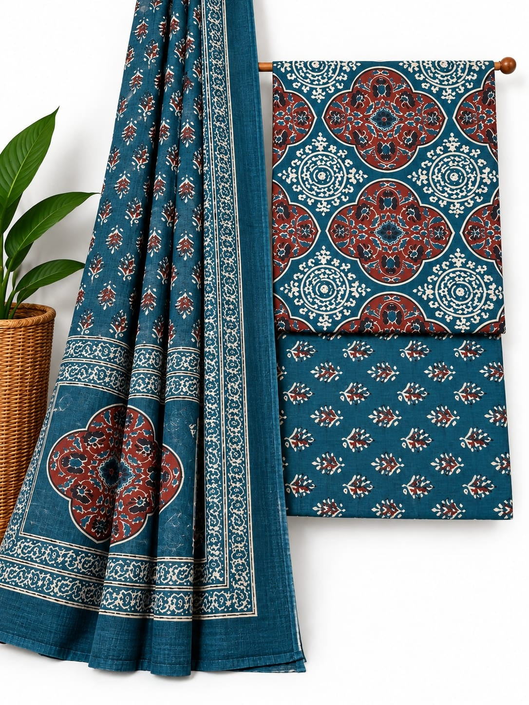 Teal Blue & Maroon Traditional Print cotton screen print salwar suit set with cotton dupatta