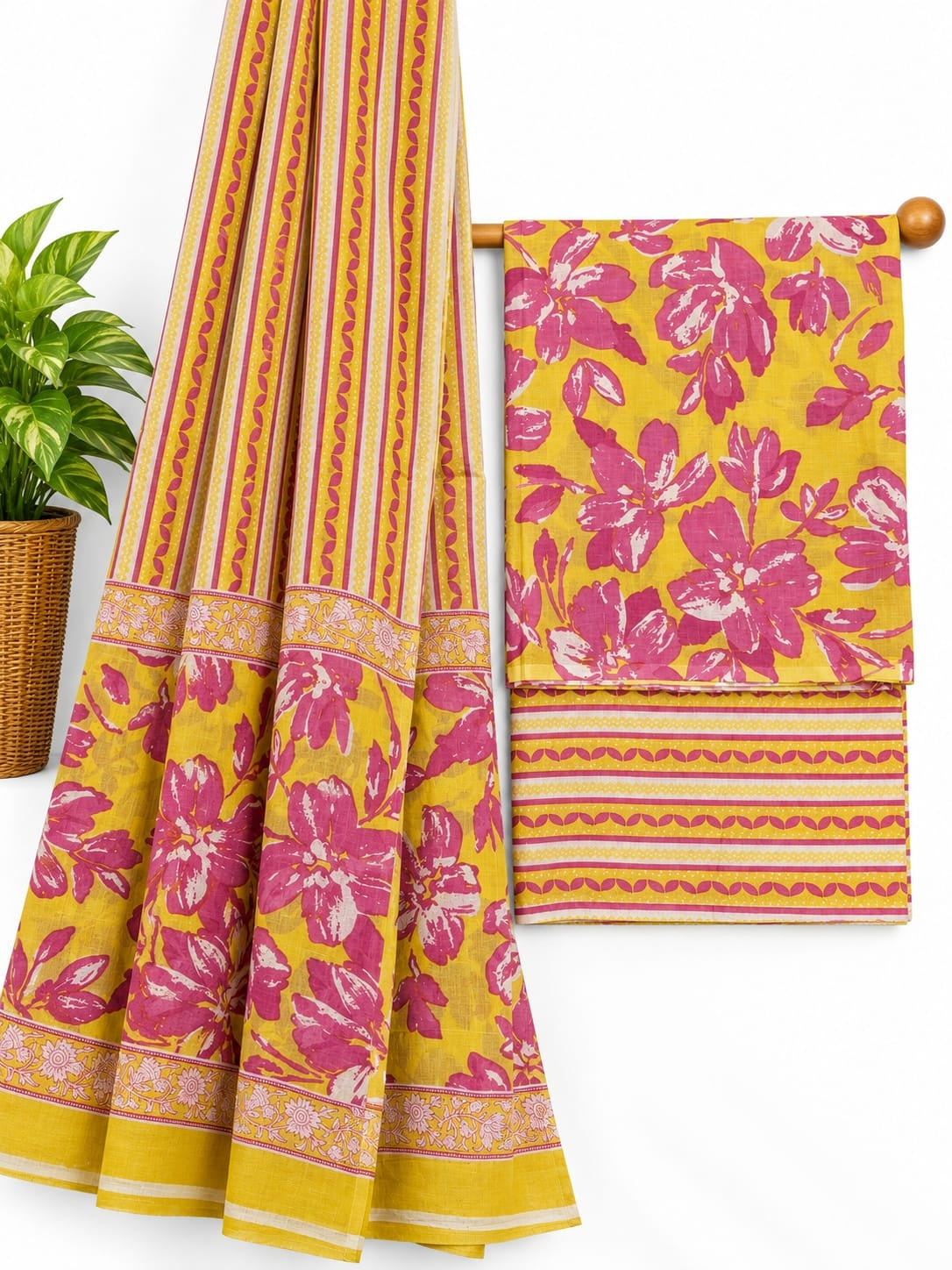 Mustard Yellow & Pink Floral Booti screen print cotton salwar suit set with cotton dupatta