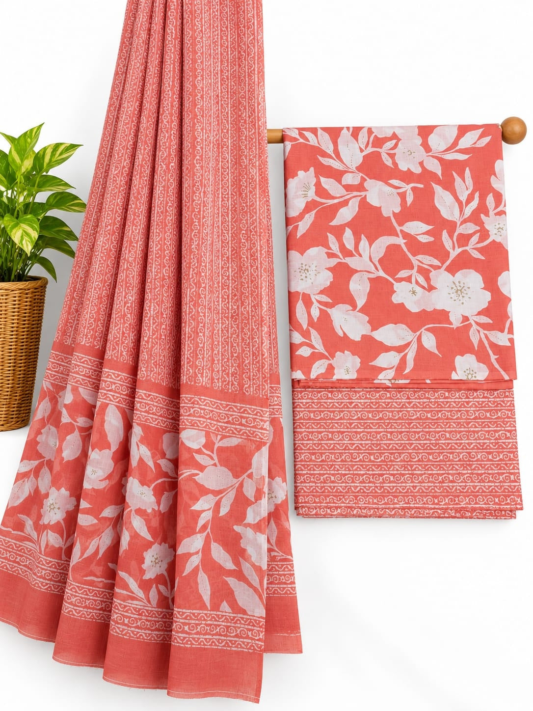 Rust Orange & White Floral Jaal screen print cotton salwar suit set with cotton dupatta