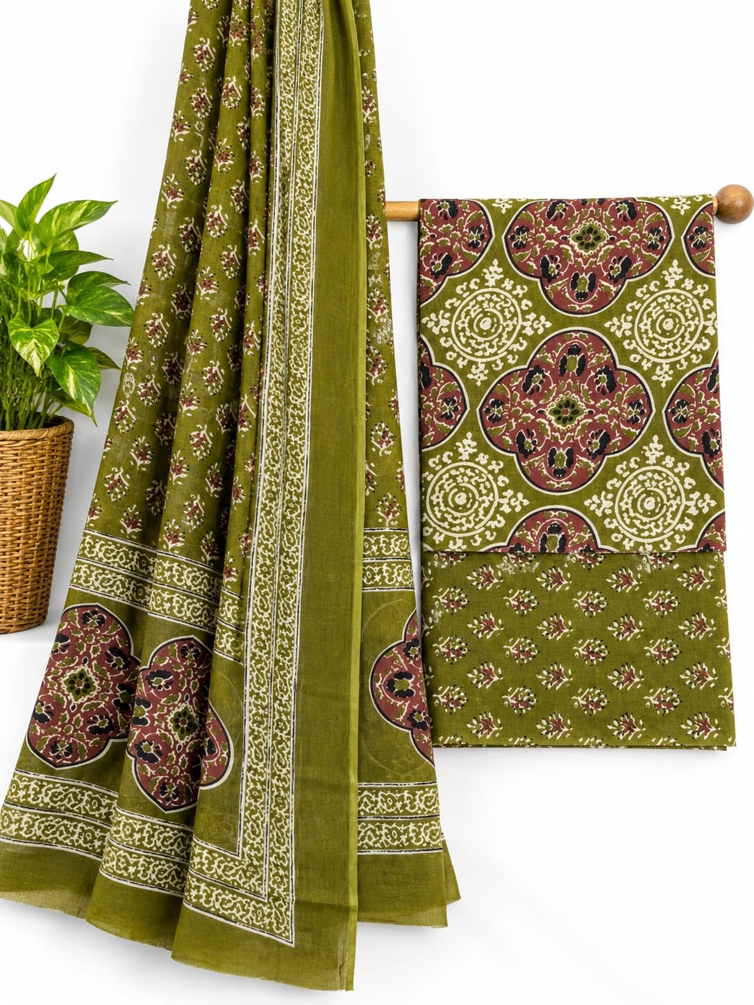 Olive Green & Maroon Ethnic Motif screen print cotton salwar suit set with cotton dupatta