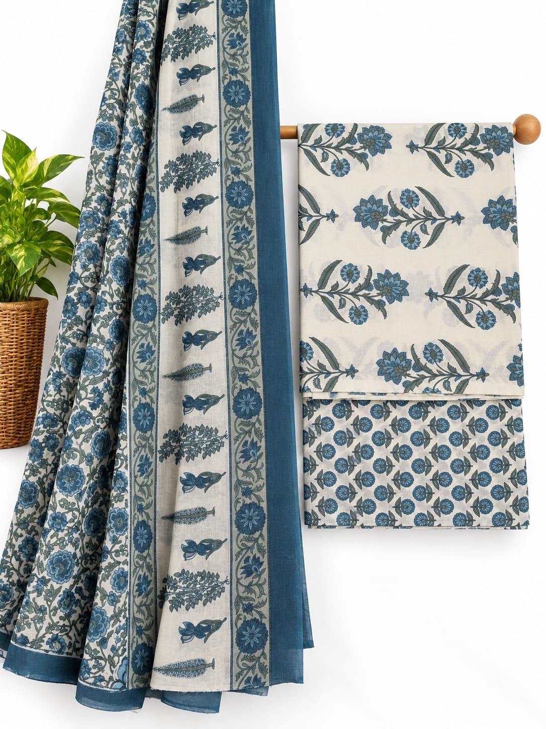 Indigo Blue & Off-White Floral Booti screen print cotton salwar suit set with cotton dupatta