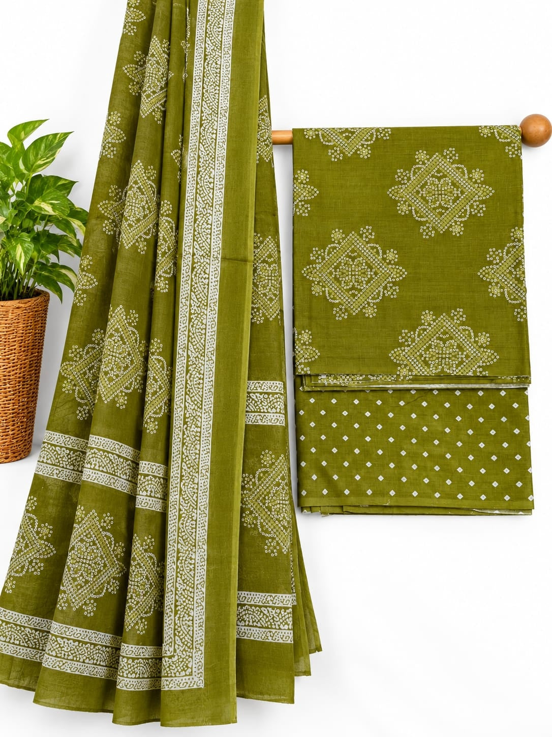 Olive Green & White Traditional Print screen print cotton salwar suit set with cotton dupatta