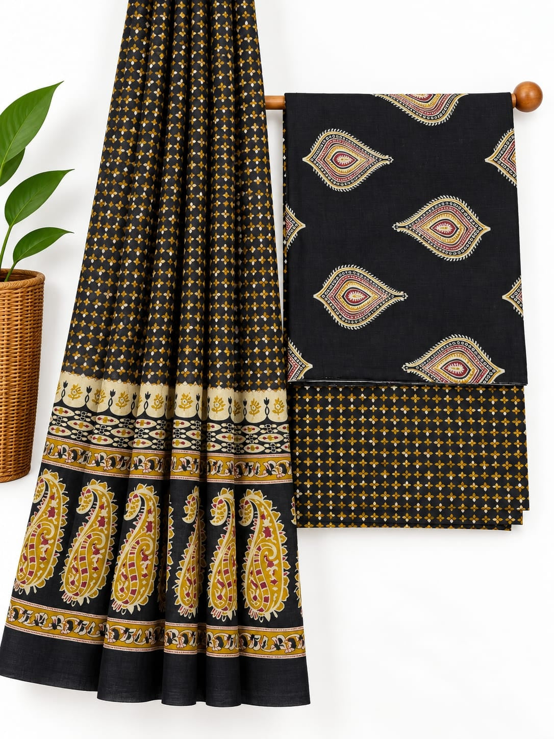 Black, Mustard Yellow & Maroon Paisley screen print cotton salwar suit set with cotton dupatta