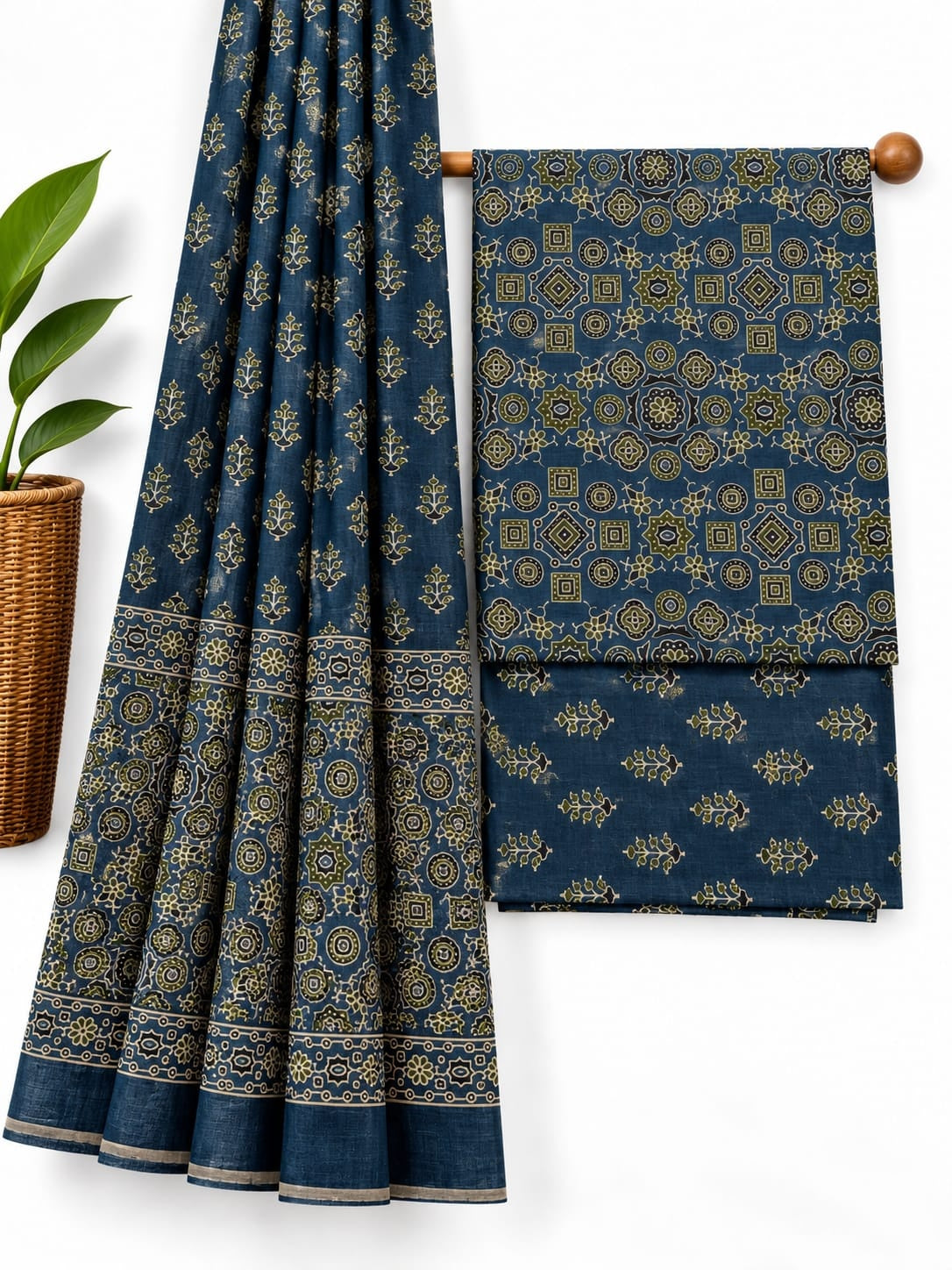 Indigo Blue & Olive Green Geometric screen print cotton salwar suit set with cotton dupatta