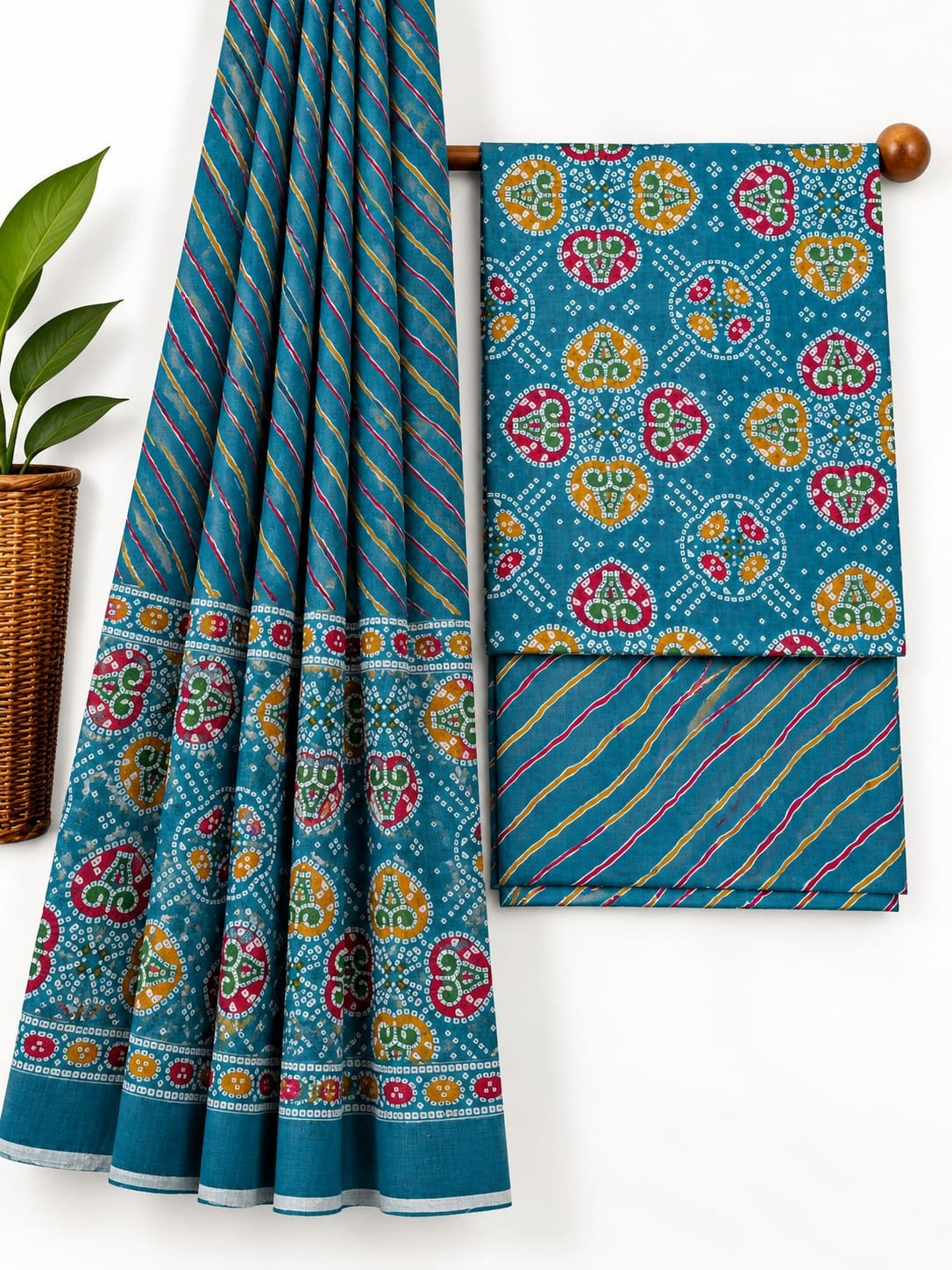 Teal Blue & Multicolored Traditional Print screen print cotton salwar suit set with cotton dupatta