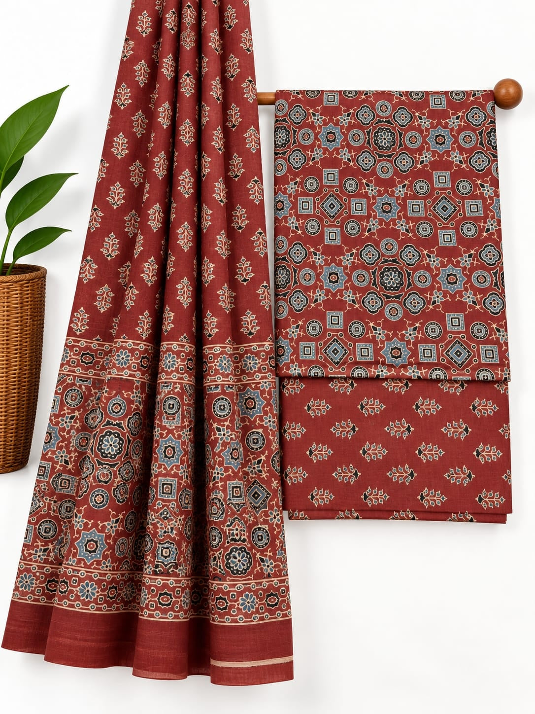 Rust Red & Multi-Color Traditional Print screen print cotton salwar suit set with cotton dupatta