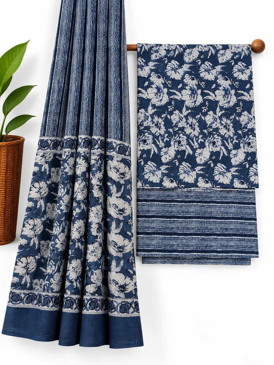 Indigo Blue & White Floral Jaal screen print cotton salwar suit set with cotton dupatta