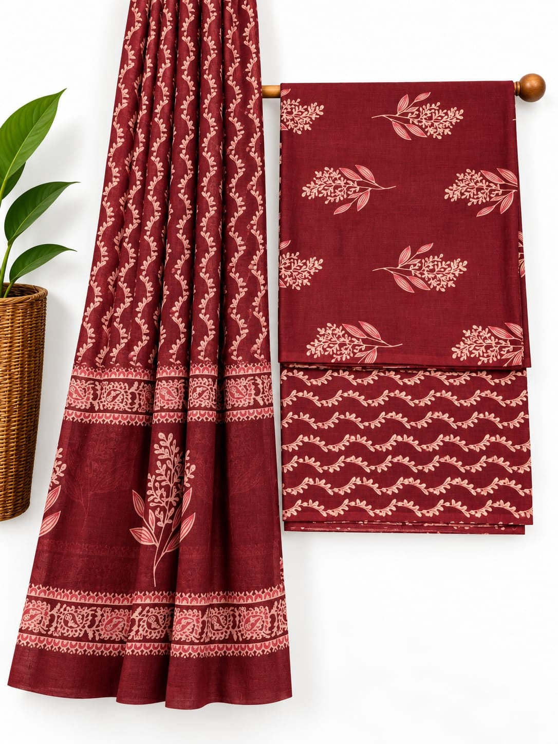 Maroon & Pink Leaf Print screen print cotton salwar suit set with cotton dupatta