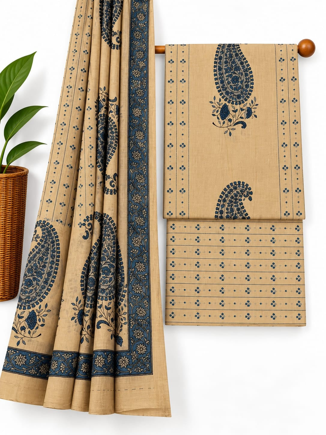 Beige & Blue Paisley screen print cotton salwar suit set with cotton dupatta