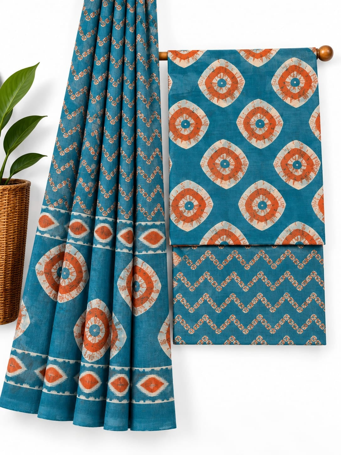 Teal And Rust Orange Geometric screen print cotton salwar suit set with cotton dupatta