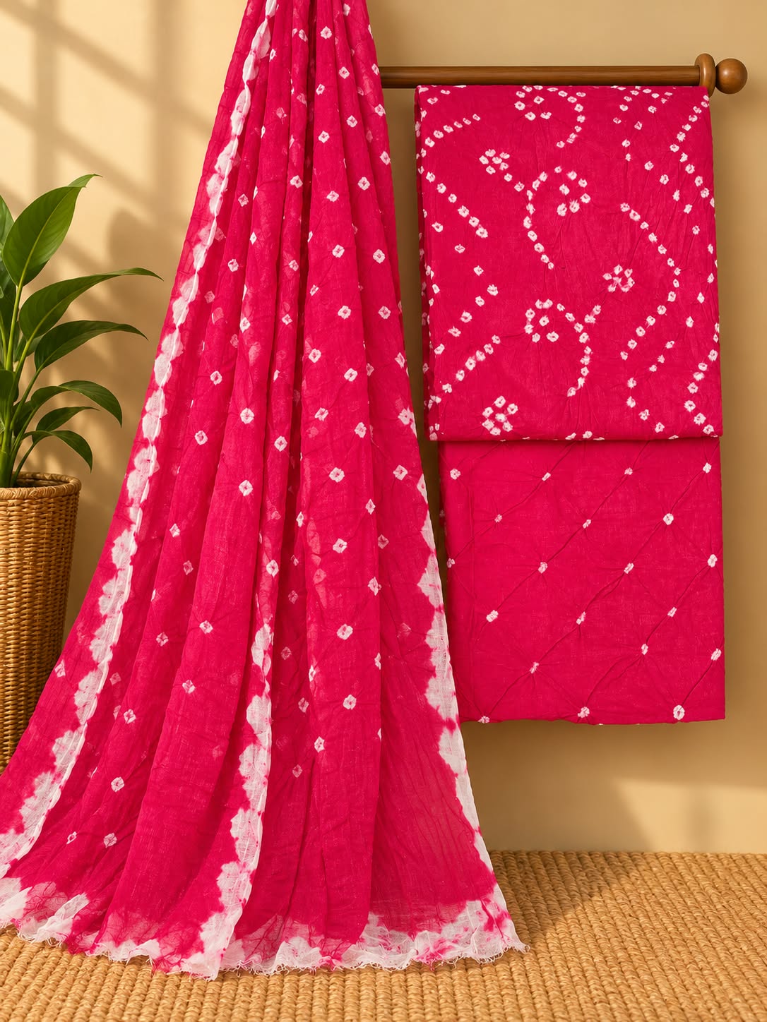 Fuchsia Pink Traditional Bandhani Unstitched Bandhani Cotton Suit Set with Cotton Dupatta