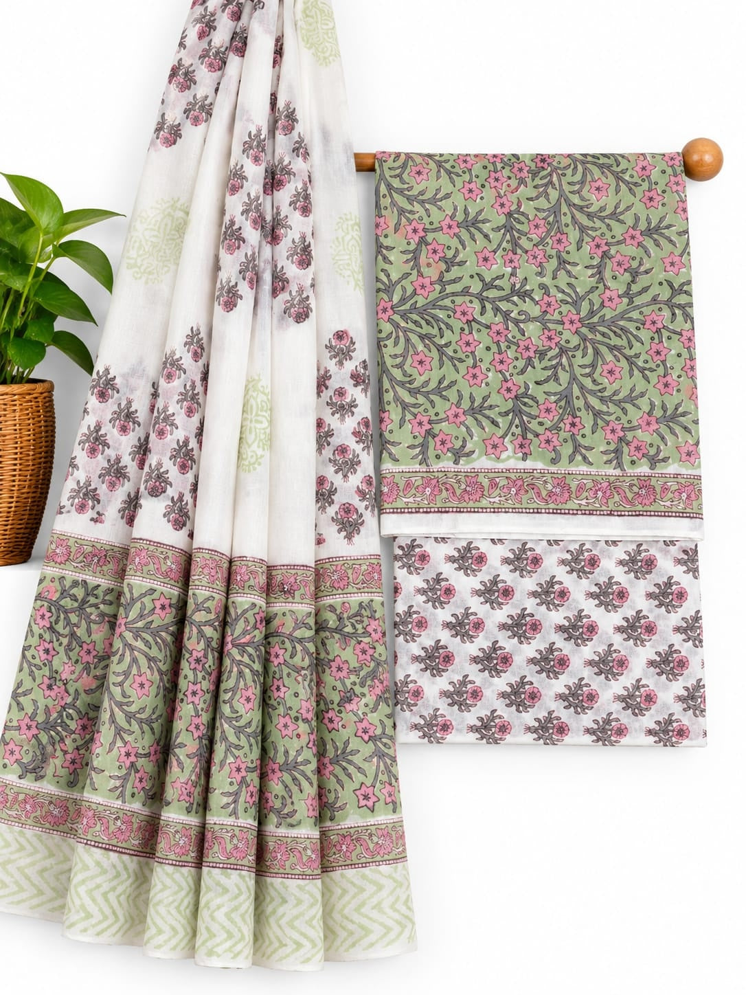 Sage Green & Pink Floral Jaal hand block printed cotton salwar suit set with mulmul dupatta