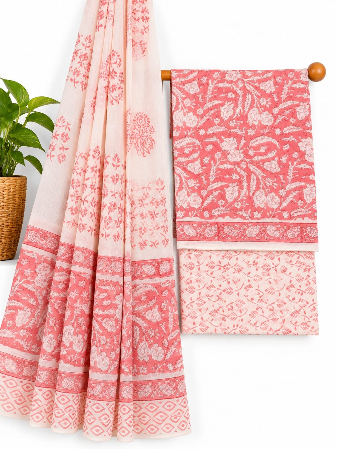Pink & White Floral Jaal hand block printed cotton salwar suit set with mulmul dupatta