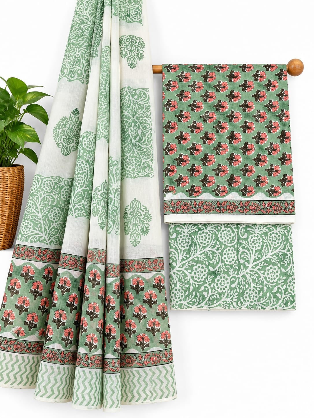 Sage Green And Off-White Floral Booti hand block printed cotton salwar suit set with mulmul dupatta