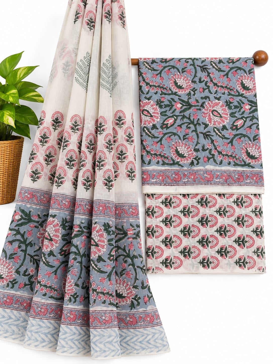 Grey, Pink & Off-White Floral Jaal hand block printed cotton salwar suit set with mulmul dupatta