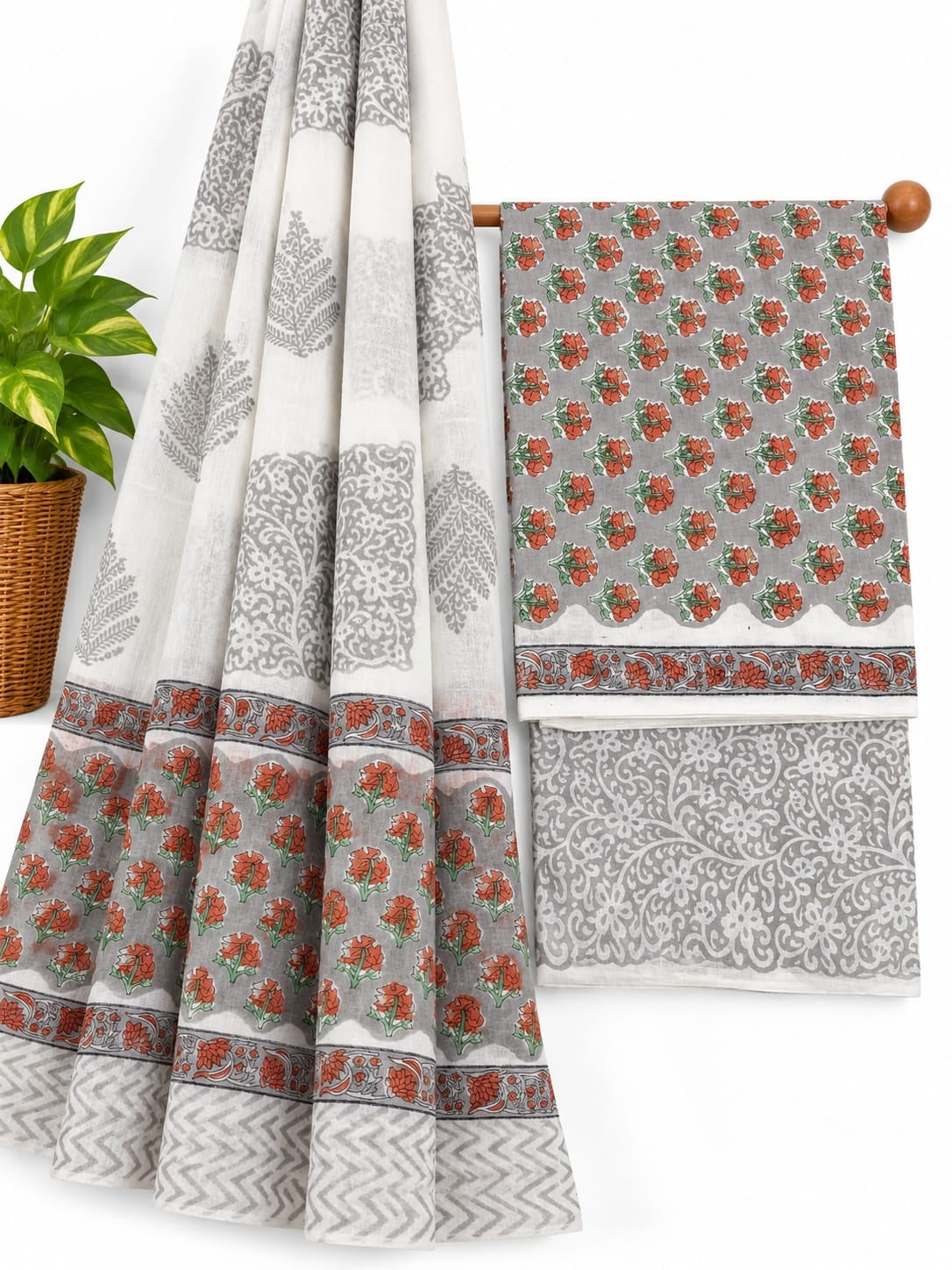 Grey, Rust Orange & White Floral Booti hand block printed cotton salwar suit set with mulmul dupatta