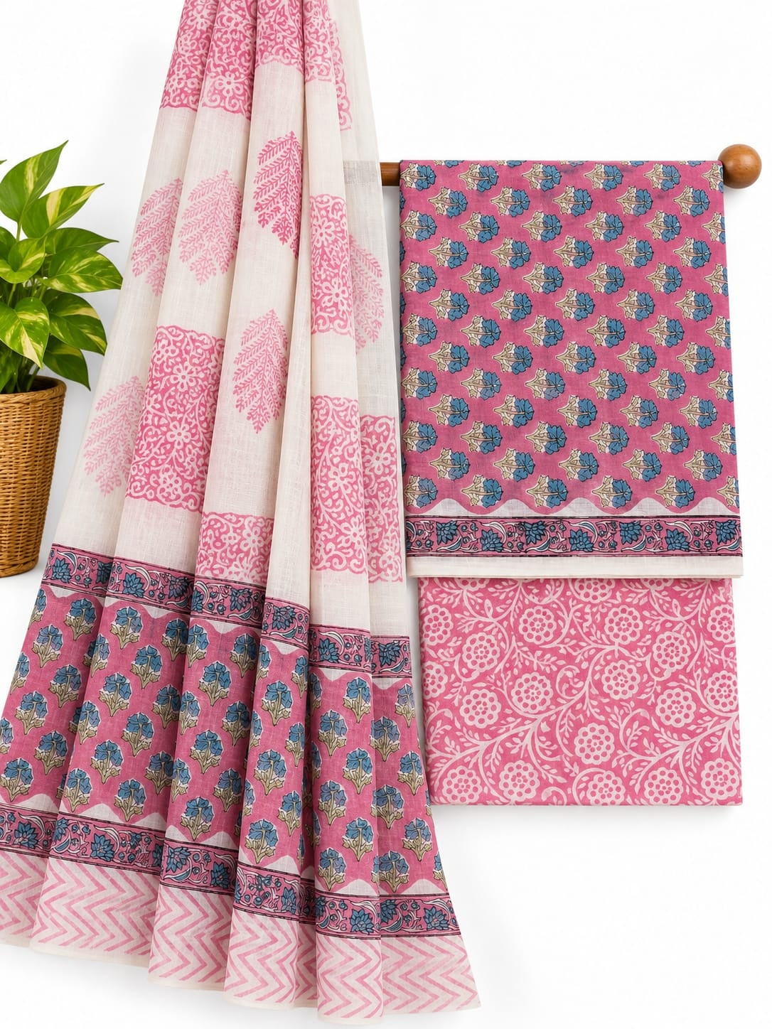 Pink & Off-White Floral Jaal hand block printed cotton salwar suit set with mulmul dupatta