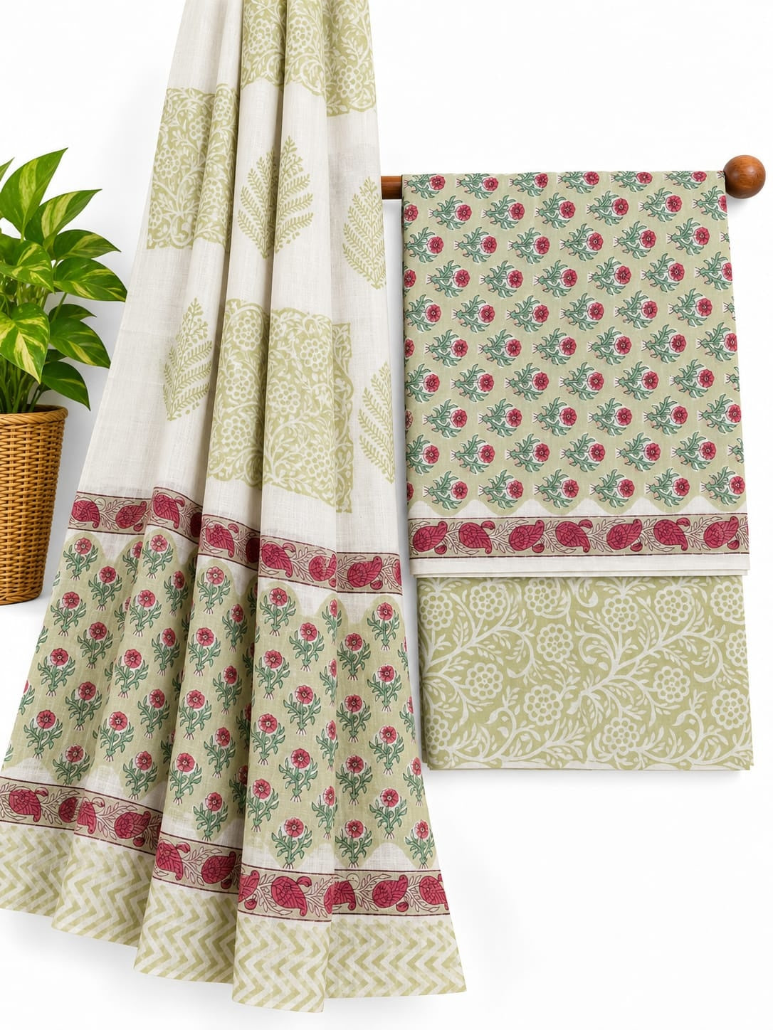 Olive Green & Pink Floral Booti hand block printed cotton salwar suit set with mulmul dupatta