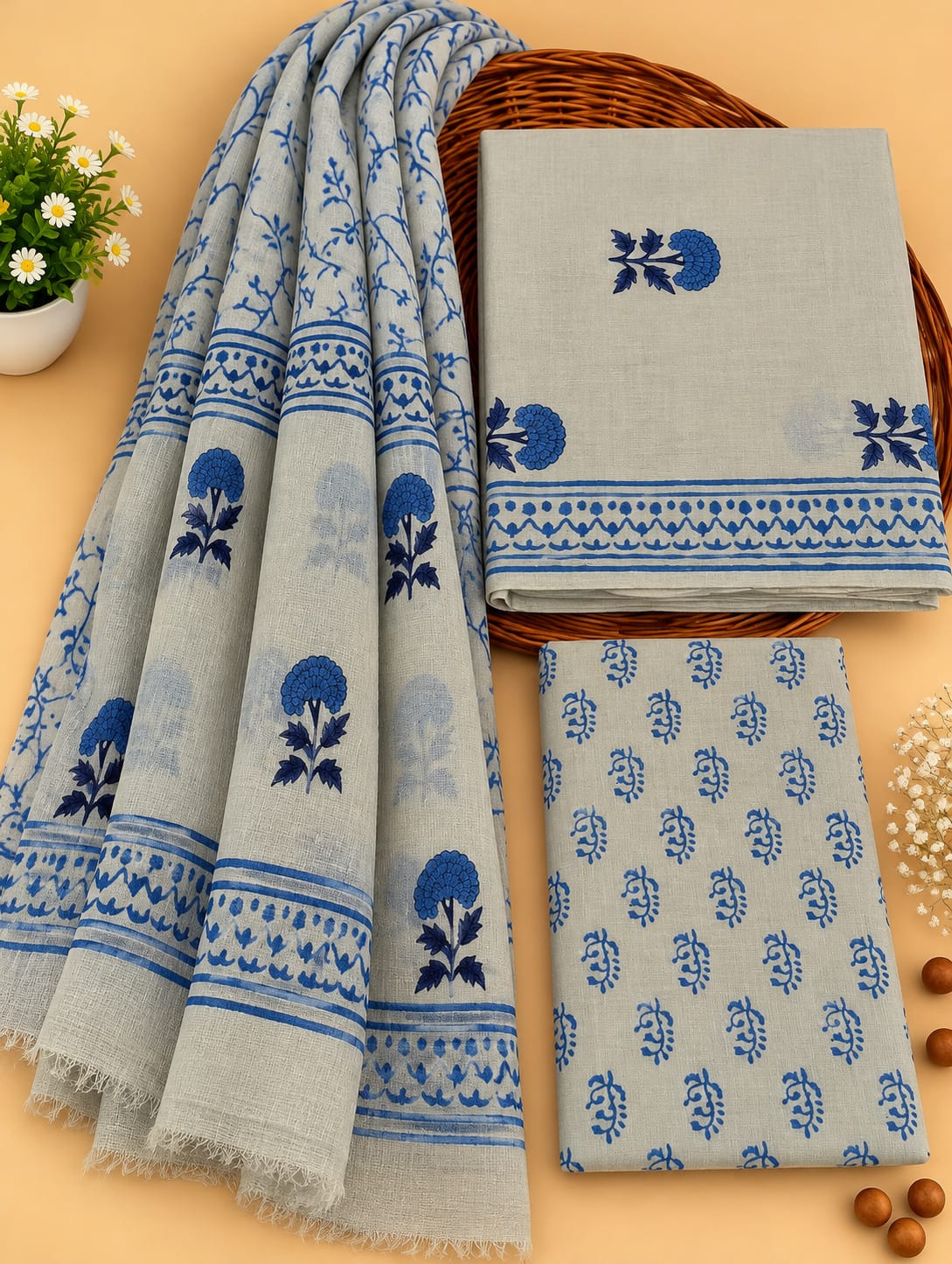 Grey & Blue Floral Booti Unstitched Cotton Suit Set with Chiffon Dupatta