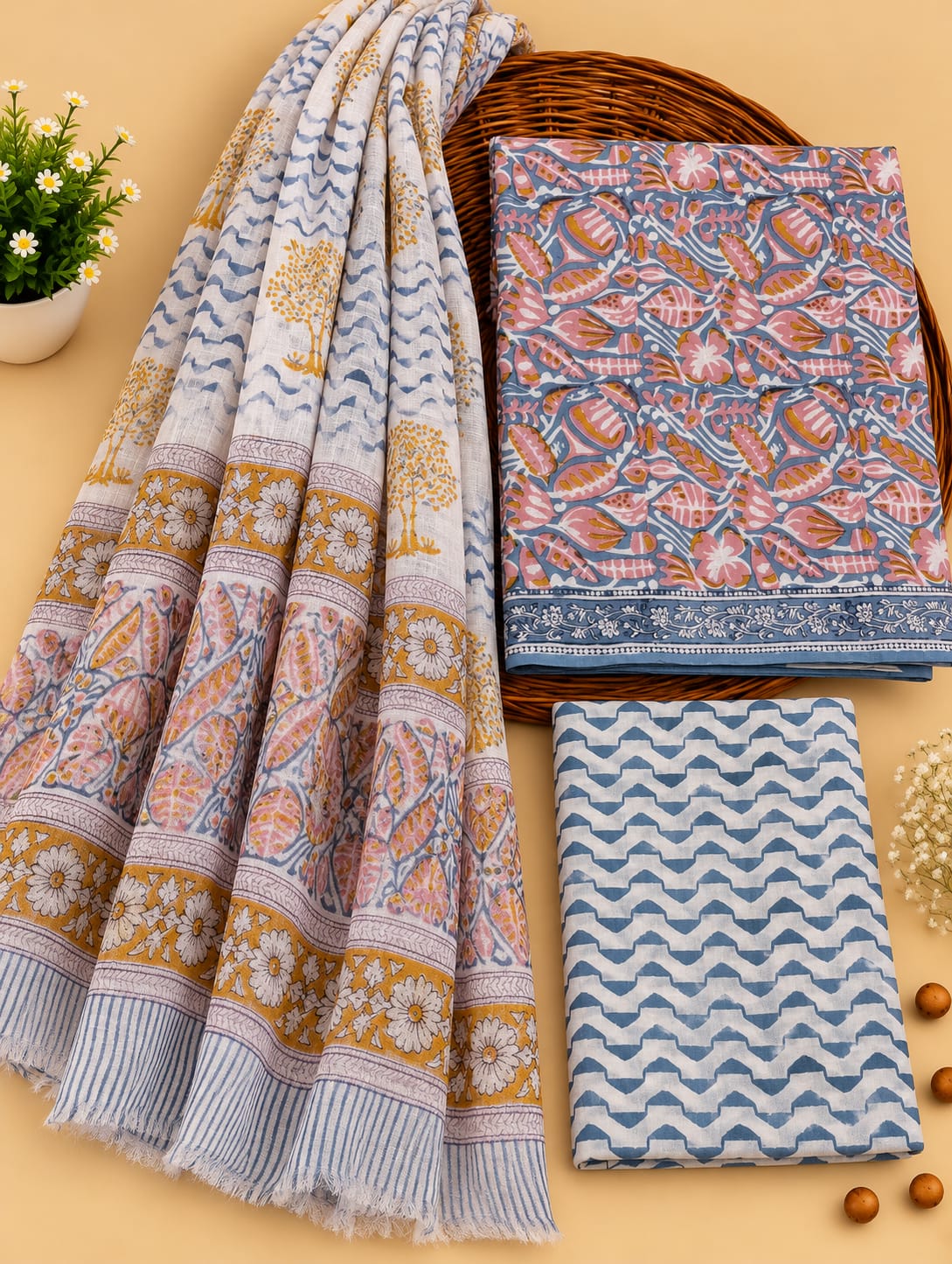 Blue & Pink Floral Jaal Unstitched Cotton Suit Set with Chiffon Dupatta