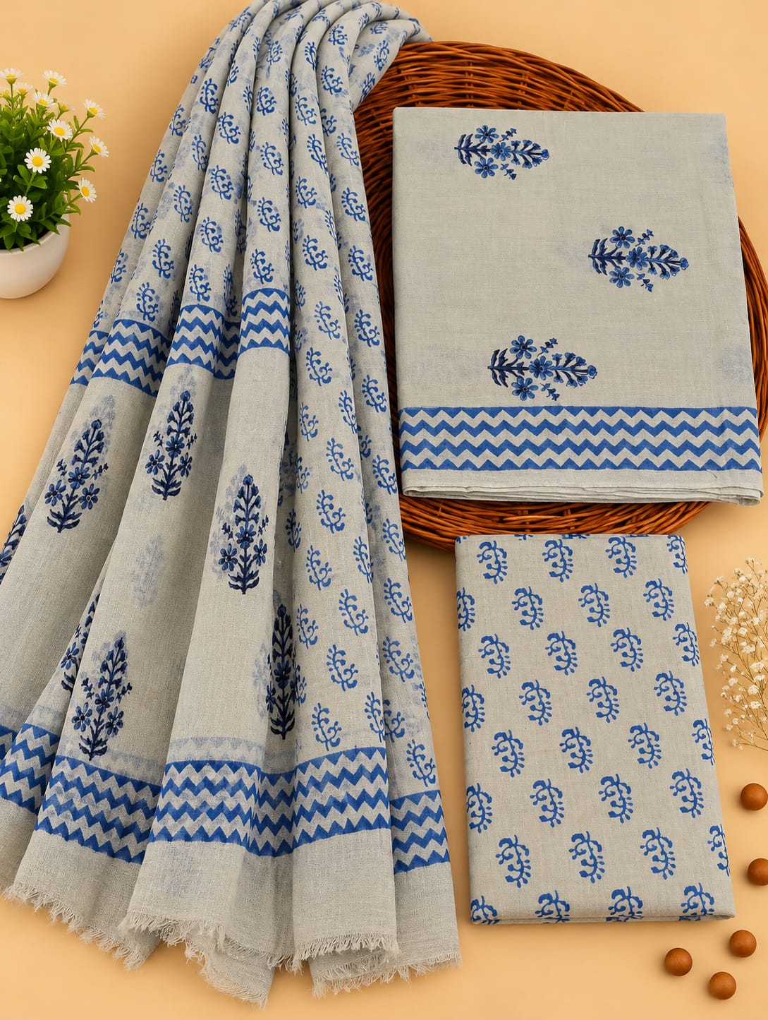 Grey & Blue Floral Booti Unstitched Cotton Suit Set with Chiffon Dupatta