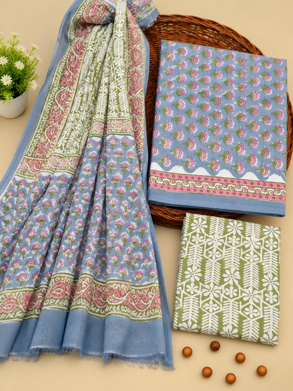 Blue & Green Floral Booti Unstitched Cotton Suit Set with Chiffon Dupatta