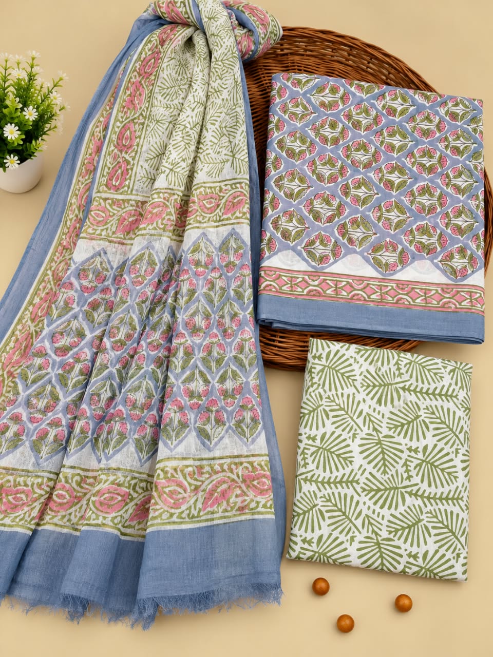 Grey & Pink Floral Jaal Unstitched Cotton Suit Set with Chiffon Dupatta