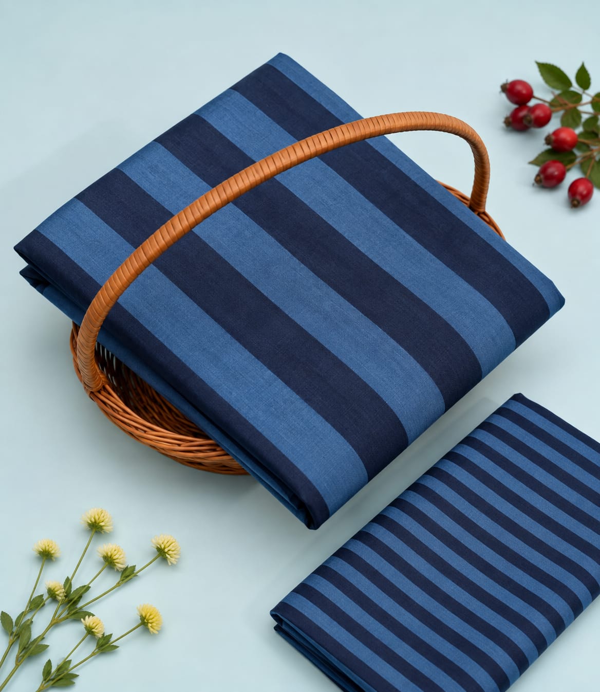 Indigo Blue Striped Pure Cotton Unstitched Kurta Pant Fabric Set
