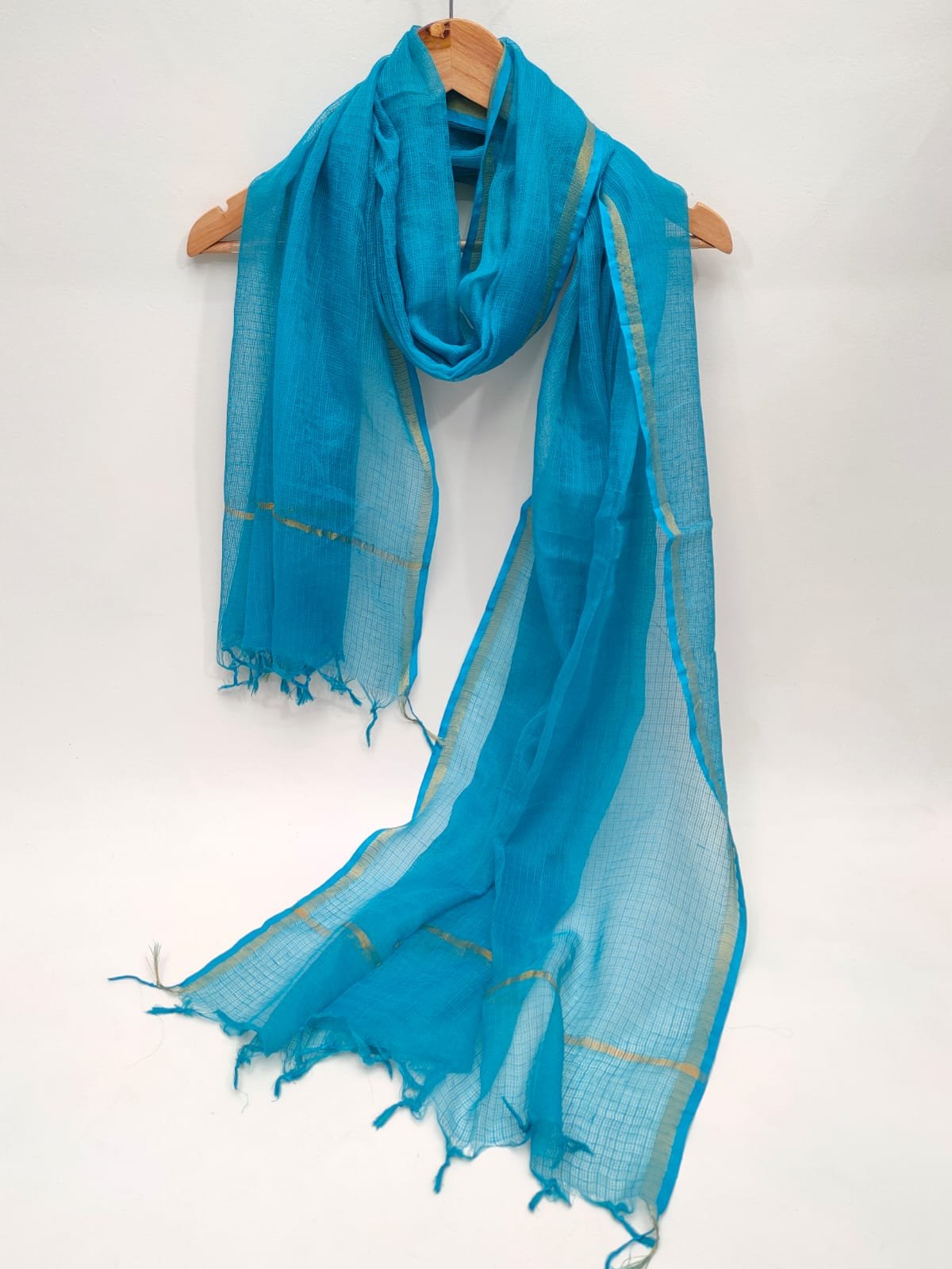 Turquoise dupatta Kota Doriya gold border tassels