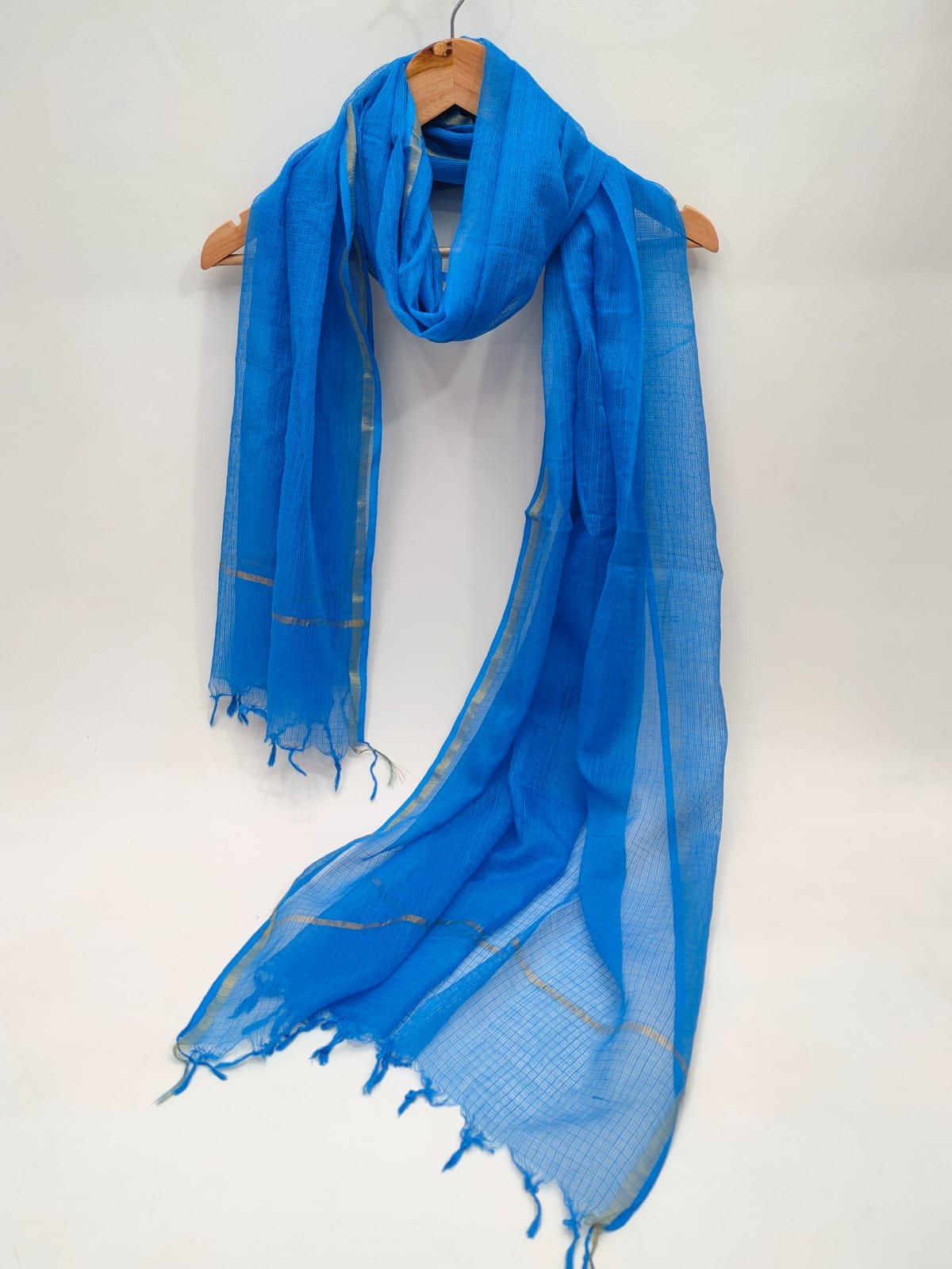 Royal blue dupatta Kota Doriya gold border tassels