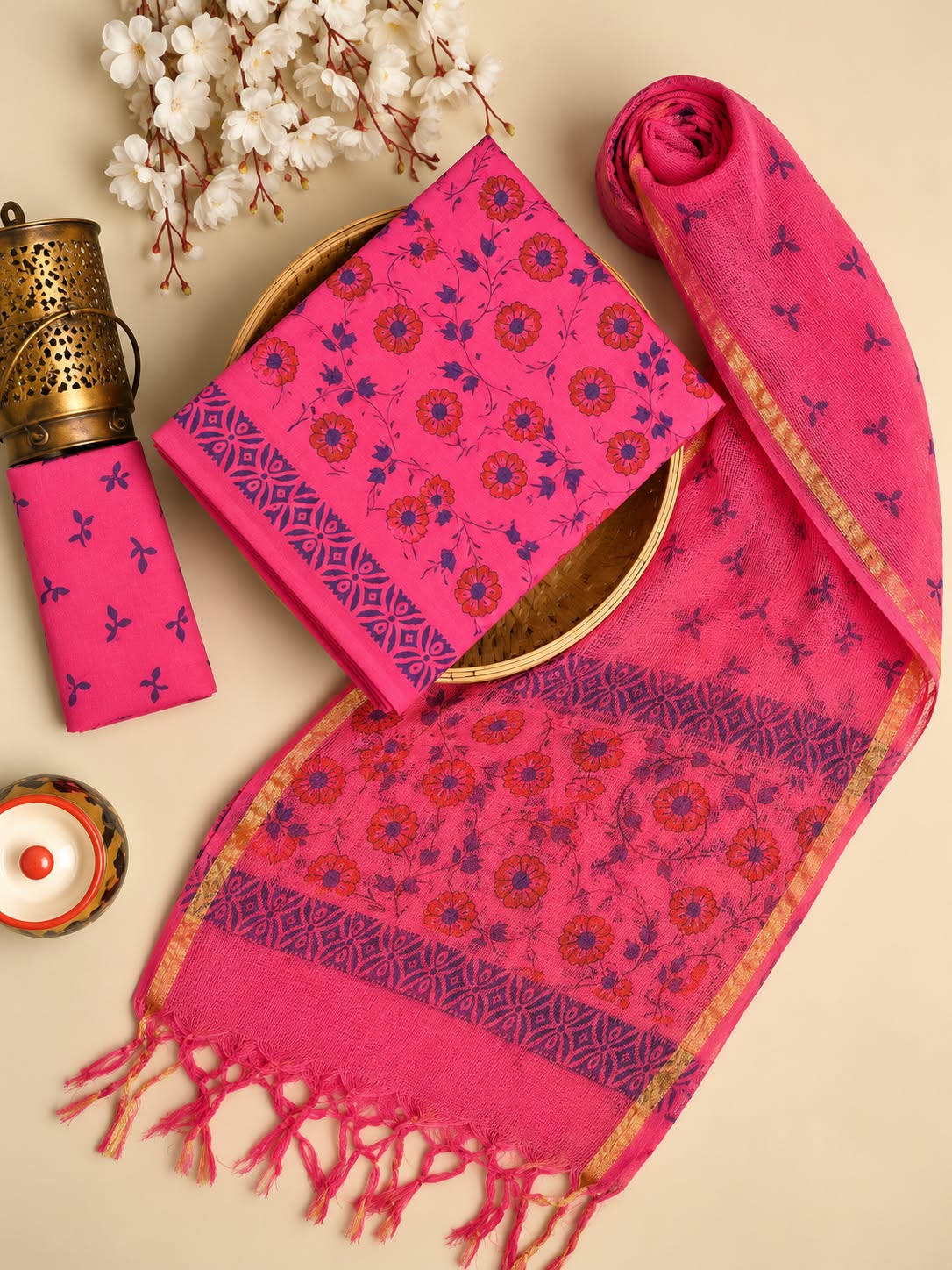 Rani Pink Floral Jaal Hand Block Cotton Salwar Suit Set with Kota Doriya Dupatta